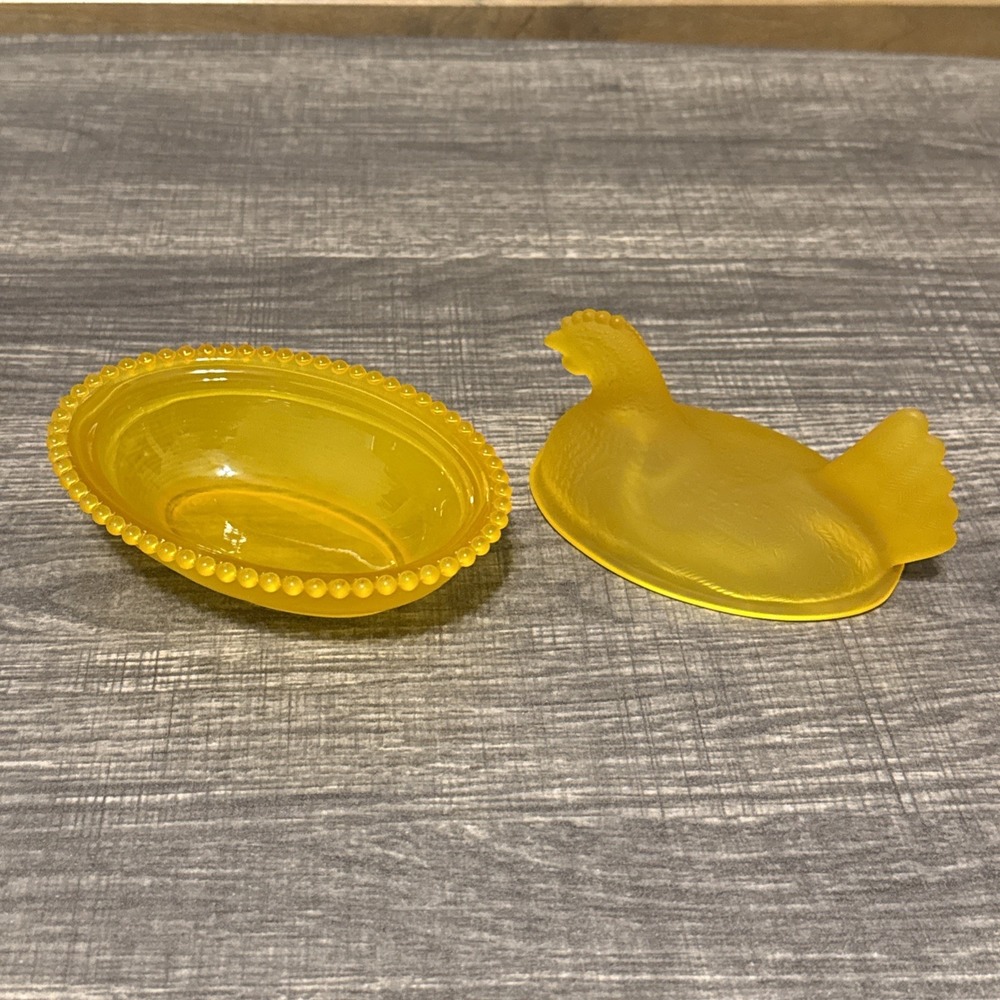 Yellow Satin Glass Hen on Nest Covered Dish 5" Chicken Beaded Rim Import - Picture 5 of 9